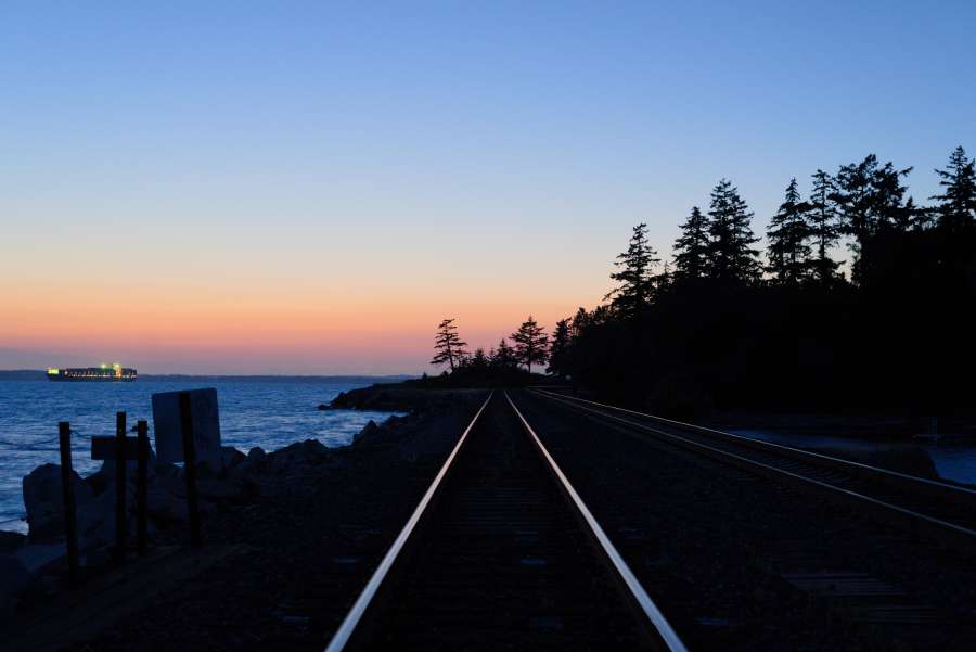 railroad tracks at twilight.